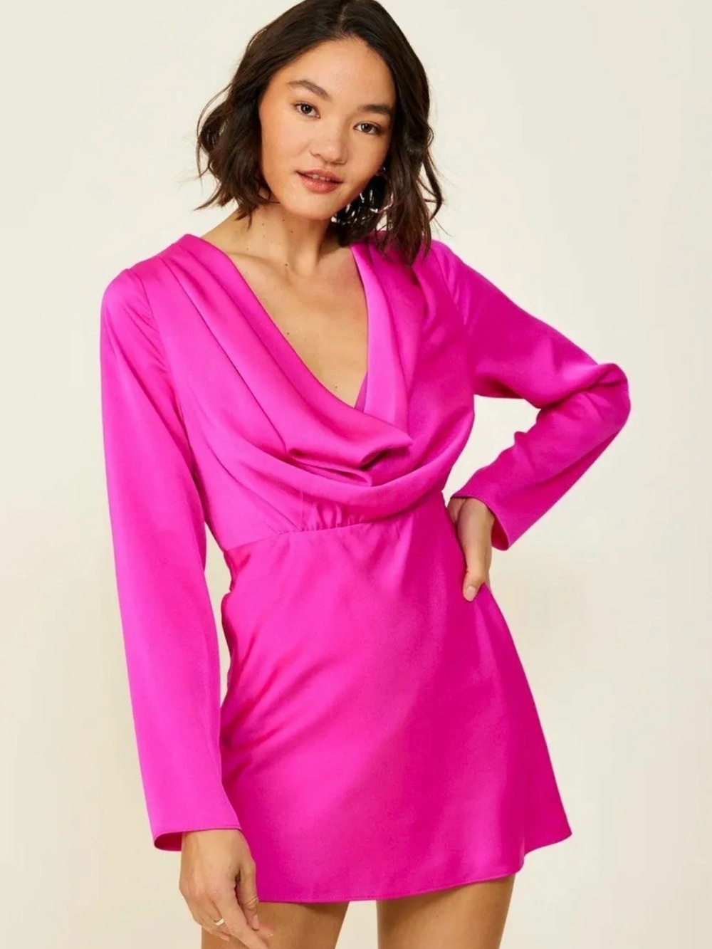 Line & Dot Satin Cowl Neck Mini Dress - Fuchsia Pink